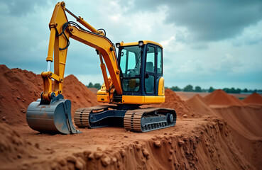 Mini excavator works on construction site at edge of pit. Yellow machine digs dirt. Cloudy blue sky provides daylight. Outdoor earthworks project. Compact equipment works diligently. Industrial