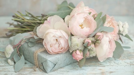 Pastel pink roses bouquet on a gift.