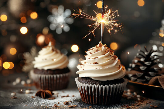 Delicious chocolate cupcakes with sparklers creating a festive atmosphere during a celebration. - Powered by Adobe