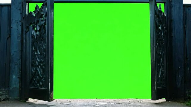 Metal gate gradually swinging open, exposing green screen backdrop for seamless visual effects and digital compositing work