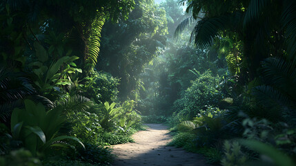 A tropical jungle clearing with a dirt path leading deeper into the dense greenery surrounded by cascading vines and ferns.