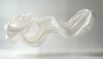 Elegant white cloth flows gracefully against plain white backdrop. Delicate curves, folds create dynamic visual. Cloth appears weightless, airy. Captivating scene perfect for fashion textile design.