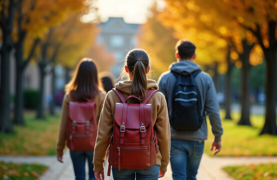 Group of students walk on campus pathway. Autumn day. Students carry backpacks. Going to class. Campus building in background. Fall foliage. Ready for semester. Education concept. College high school