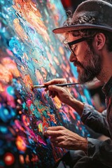Fototapeta premium Creative artist painting a vibrant abstract artwork in a studio during the evening hours. Generative AI