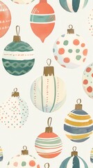 Colorful ornaments hang against a light background, showcasing festive designs and patterns perfect for holiday decoration