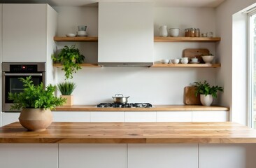 A clean, modern kitchen features an uncluttered wooden countertop adorned with vibrant greenery, evoking a sense of freshness, simplicity, and modern home style