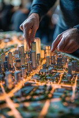Obraz premium Hands manipulate a detailed city model highlighting urban design and architecture insights. Generative AI