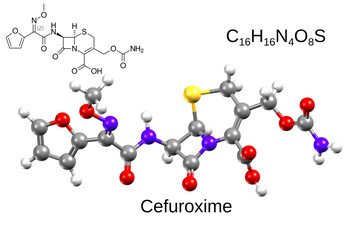 Chemical formula, structural formula and 3D ball-and-stick model of antibiotic cefuroxime