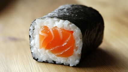 Delicious salmon sushi roll on a wooden surface for culinary enjoyment