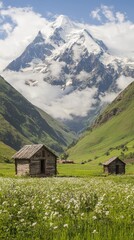 Serene mountain landscape with wooden huts and lush green valleys.