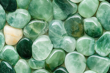 Close-up of polished green jade pebbles on cream background 
