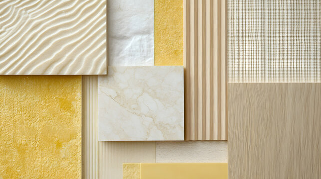 A tactile arrangement of textures combining light wood veined marble yellow ceramic and fine beige patterns.