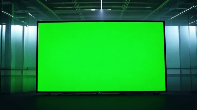 Green screen display stands in modern office space, offering versatile background for various content