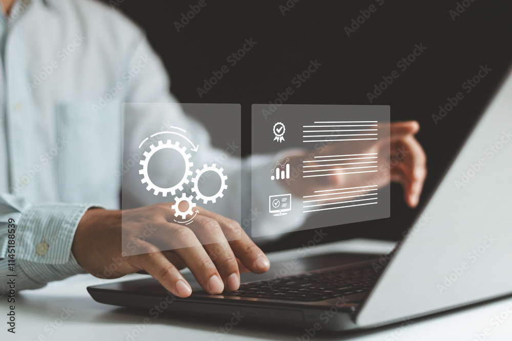 Leinwandbilder Automation Software Technology Process System Business Concept. Businessman working on computer laptop. automation, industrial business process workflow optimisation concept on virtual digital screen.