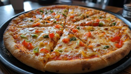 Veggie pizza on a black plate at a cozy spot