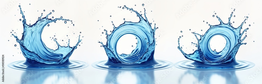 Poster Water splashes in spiral shape against transparent background. Blue water makes dynamic motion patterns. Design template for graphic artworks. Abstract forms, patterns shown. Liquid splash, swirl