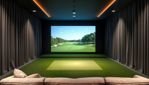Indoor golf simulator room. Realistic golf course projected on screen. Soft beige couch in front of screen. Simulated green turf. Modern, high-tech setup. Ideal for home entertainment, game practice.