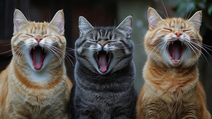 Yawning cats show playful expressions outdoors together