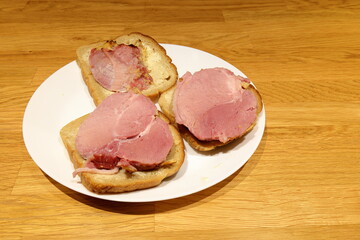 Christmas ham. Roasted pork on bread. Tasty sandwich. Swedish tradition in December. 