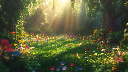 A vibrant tropical jungle clearing filled with wildflowers surrounded by thick vines and tall trees with soft rays of light filtering through.