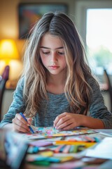 Fototapeta premium Young girl engaged in colorful art activity at home during afternoon, focused on creating a vibrant collage. Generative AI