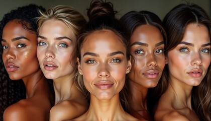 Fototapeta premium Group of attractive women with natural beauty. Diverse models with glowing skin, different ethnicities. Studio portrait, wellness, skincare. Women smile confidently, representing healthy beauty.