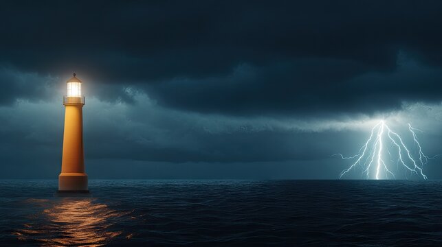 A lighthouse stands tall in the ocean, its light shining through the twilight sky. Dark clouds loom, adding a dramatic touch to the peaceful water surrounding it
