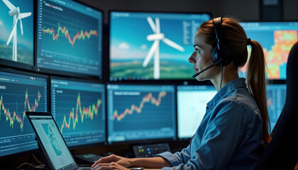 Female engineer manages renewable power systems. Monitors wind turbine data in control room using advanced tech. Modern eco friendly energy control center. Efficient tech management of