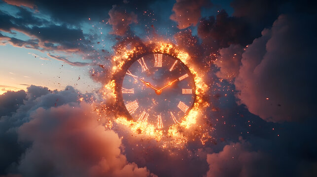 Fireworks exploding between the clouds in the sky with a clock shape. Happy new year 2024. Concept of the end of the year and Christmas times