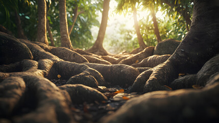 A vibrant tropical jungle clearing with a wooden bridge crossing a small stream surrounded by thick vines and lush greenery.