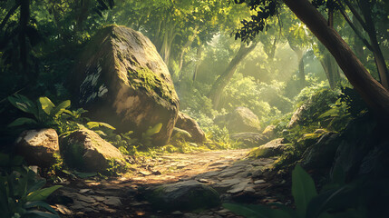 A vibrant tropical jungle clearing with a wooden bridge crossing a small stream surrounded by thick vines and lush greenery.