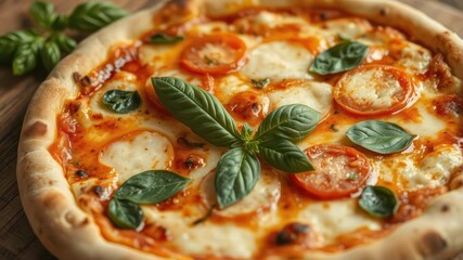 Classic Margherita pizza, fresh basil garnish, italy, basil, cuisine