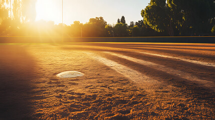 A weathered baseball field under golden hour lighting with the sun casting long shadows over the bases and pitchers mound.