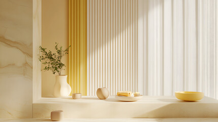 A vibrant material composition combining pale wood tones sleek marble beige accents and yellow ceramic tiles.