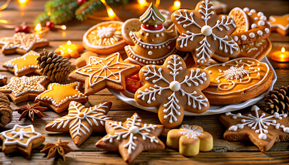 Christmas gingerbread cookies with festive mood decorated with icing on a wooden table and warm glowing lights in the background  