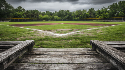 A weathered baseball field with faded chalk lines and patches of grass missing surrounded by rustic wooden bleachers.