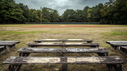 A weathered baseball field with faded chalk lines and patches of grass missing surrounded by rustic wooden bleachers.