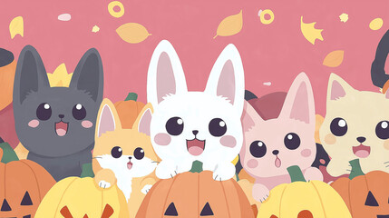 Naklejka premium Cute cartoon animals with jack-o'-lanterns on a pink background.