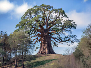 Obraz premium Ancient, gnarled tree with sprawling branches against a blue sky..