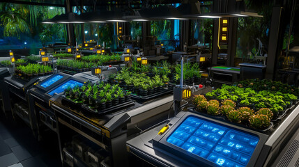 Obraz premium Futuristic indoor hydroponic farm with rows of plants under grow lights.