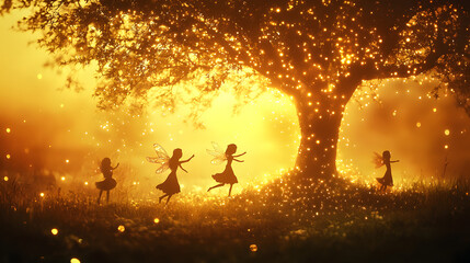 Delicate silhouettes of fairies dancing around a luminous tree glowing softly under the twilights warm colors.