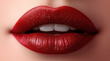 Obraz premium Close-up of glossy red lips with white teeth, highlighting beauty and makeup aesthetics.