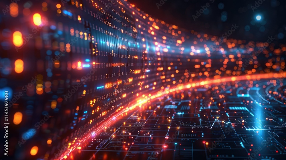 Poster abstract digital landscape with glowing data streams and circuit patterns.