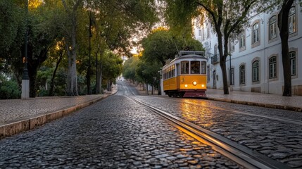 Obraz premium A modern tram glides along cobblestone streets while reflecting in puddles, surrounded by historic buildings and vibrant flowers under a cloudy sky in Portugal