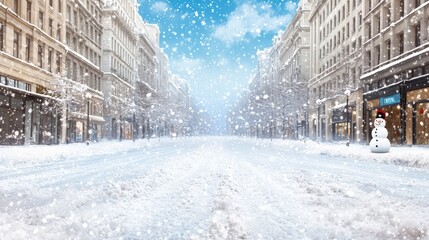 Fototapeta premium Snow-covered street scene with a snowman and a bright blue sky.