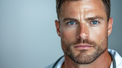 Fototapeta premium Close-up portrait of a serious, handsome male doctor.