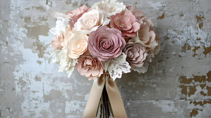 A vintage-style paper flower bouquet featuring muted tones lace accents and soft roses tied with satin ribbon.