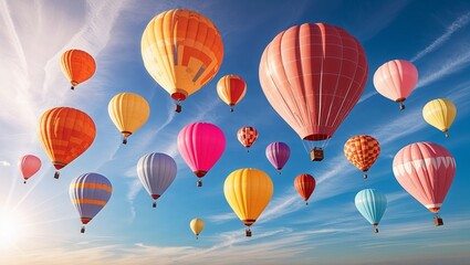 Vibrant Air Balloons in Various Shapes and Bright Colors, Floating Against a Clear Sky, Creating a Playful and Festive Scene Filled with Joy, Adventure, and Colorful Energy