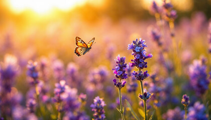 Colorful butterfly hovering over vibrant lavender flowers in golden sunlight during a peaceful evening