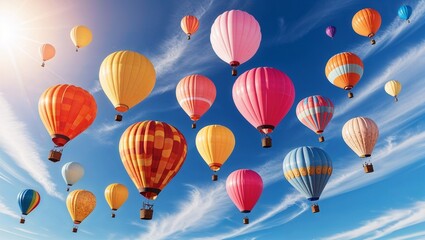 Fototapeta premium Vibrant Air Balloons in Various Shapes and Bright Colors, Floating Against a Clear Sky, Creating a Playful and Festive Scene Filled with Joy, Adventure, and Colorful Energy